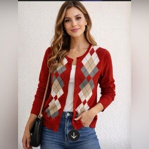 Croft & Barrow Women Red Argyle Button Down Cardigan Sweater Womens size Large